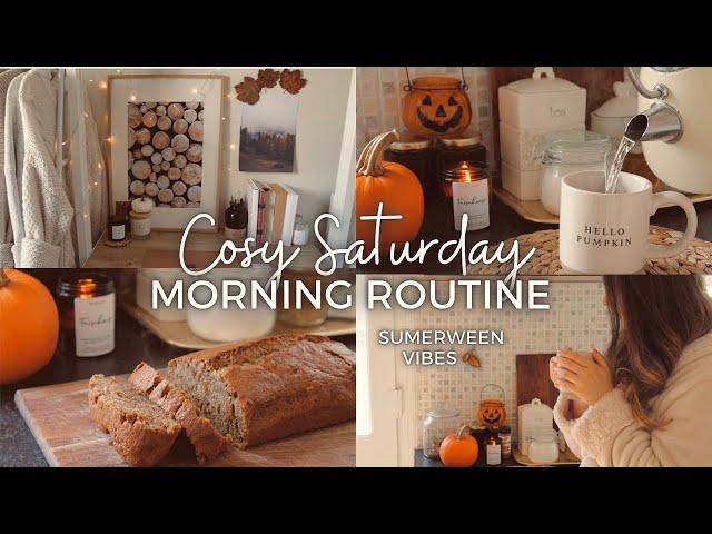 Saturday Morning Routine 2022 baking Pumpkin Spice Banana Bread, Summerween, Autumnal Vlog