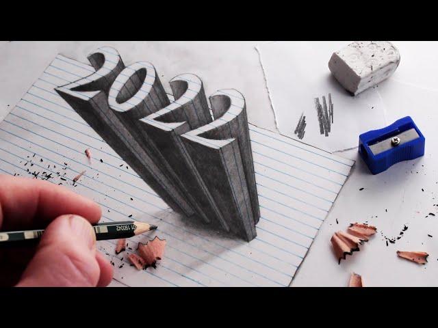 How to Draw 2022 Numbers 3D Trick Art on Line Paper