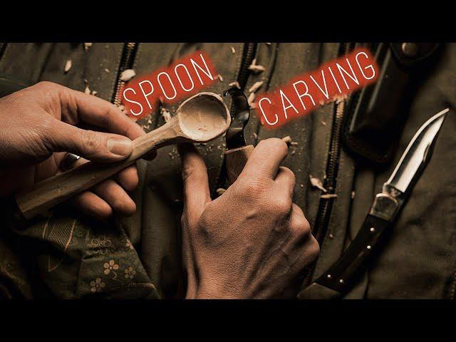 Spoon Carving ASMR With Fire in Cabin