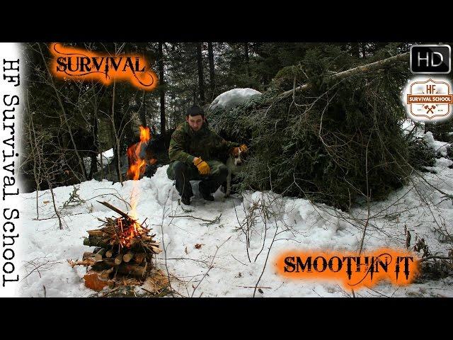 Winter Survival Shelter Overnight Bushcraft Camp - Dog , Axe , Cooking - HD Video