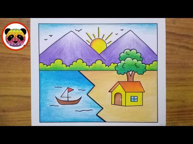 Scenery Drawing / Simple Landscape Scenery Drawing / How to Draw Beautiful Landscape Scenery