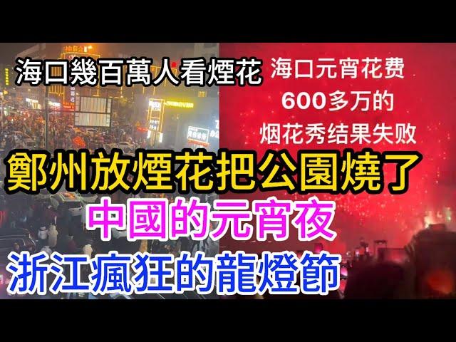 中國元宵夜！海口花600萬元宵節放煙花！放了一個寂寞，浙江元宵迎龍燈，太炸裂了。鄭州放煙花公園著火