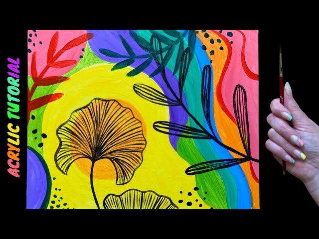  EP159- 'Fresh Floral' easy ginkgo leaf and rainbow acrylic painting tutorial for beginners