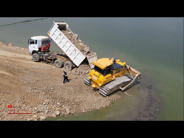 Wonderful Bulldozer Push Rock Special Activities Building Road In Water Stronger Machinery