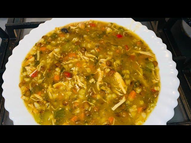 سوپ مرغ با گندوم و عدس و سبزیجات معطر chicken soup recipe with wheat and vegetables