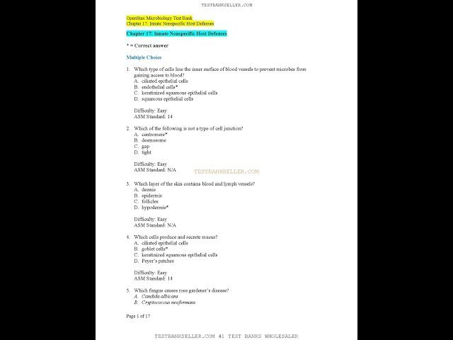 OpenStax Microbiology Test Bank Chapter 17: Innate Nonspecific Host Defenses