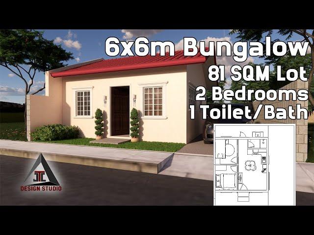 6x6m Bungalow House Design Idea with 2 Bedrooms and 1 Toilet/Bath on an 81sqm Lot