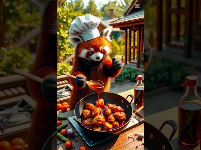 #shorts Fluffy Red Panda Chef Cooks Up Magic in a Rustic Outdoor Kitchen