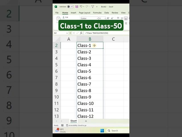 How to automatically fill class-1 to class-50 in Excel | #exceltips #shorts #excelshorts
