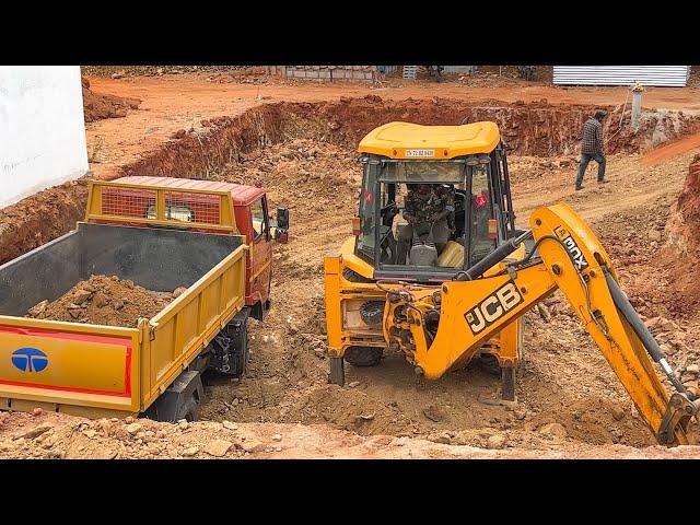 JCB 3DX Breaker with Bucket Loading rock New Truck for New Apartment Underground day night Work