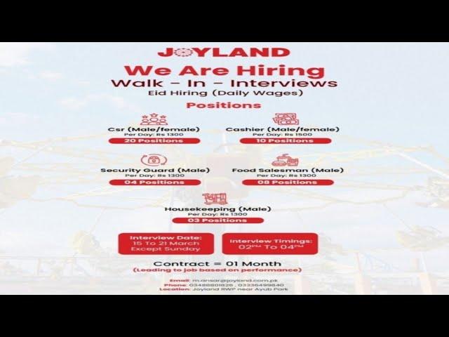 We Are Hiring CSR, Cashier's, Security Guard, Food Salesman & Housekeeping in Joyland