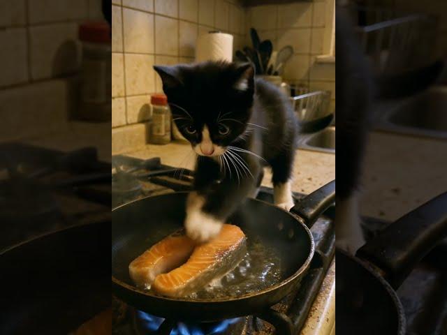 Kitten touches hot salmon for the first time… and INSTANTLY regrets it #catreaction #funnycats