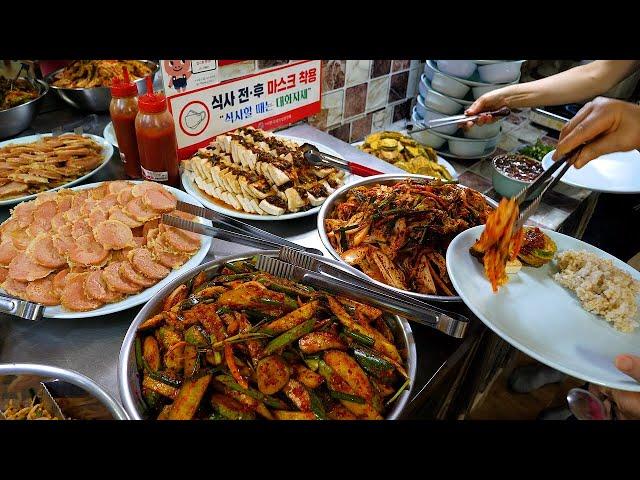 A Korean buffet run by a grandmother with many kinds of side dishes at a reasonable price