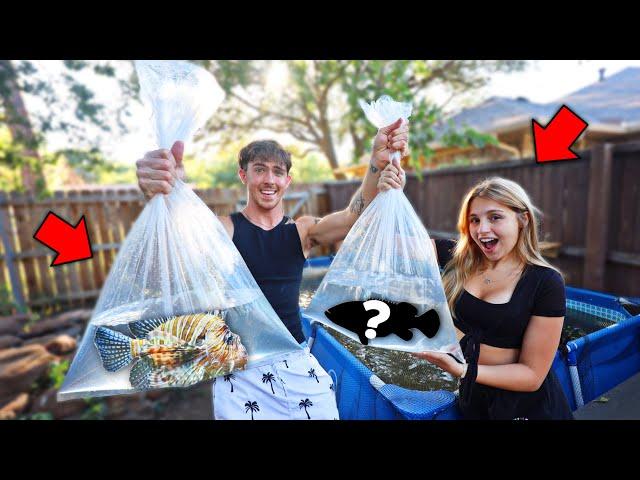 1v1 Catch the BIGGEST fish for BACKYARD POOL pond CHALLENGE! (Ft. Girlfriend)