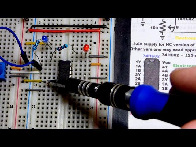 7402 74HC02 quad 2 input NOR logic gate integrated circuit demonstration using LEDs by electronzap