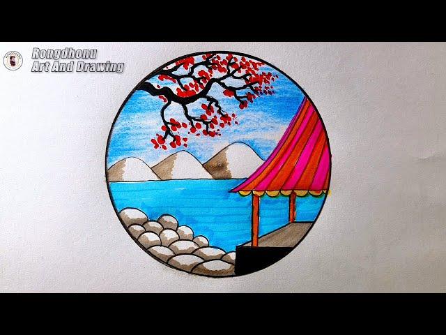 Peaceful Scenery Drawing with Cherry Blossom and Lake View | Rongdhonu Art