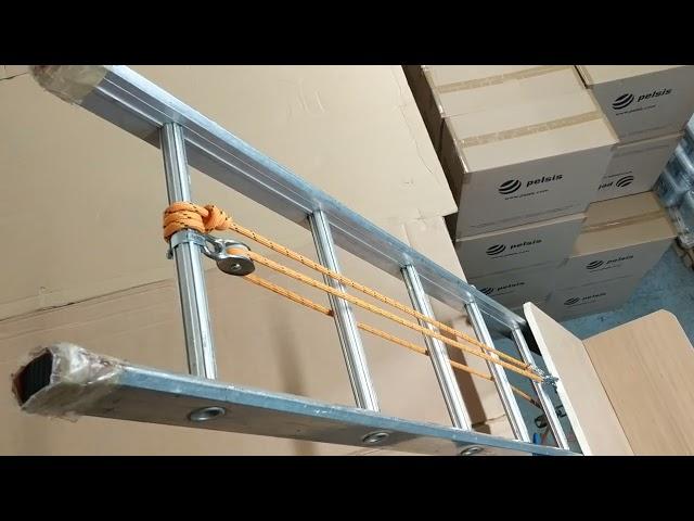 Simple DIY Hoist Ladder Lift with 3 Pulleys for Heavy Cardboard Boxes.