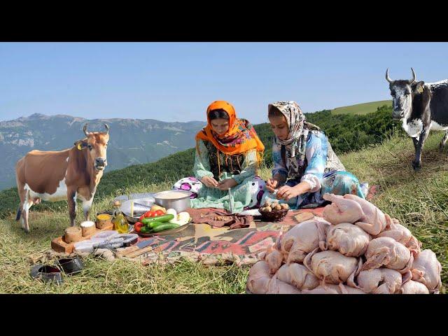 Nomads Outdoor Cooking of Stuffed Chicken and white Rice on Campfire