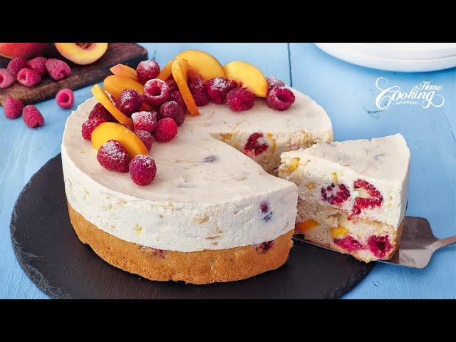 Raspberry Peach Yogurt Mousse Cake - Easy Summer Dessert