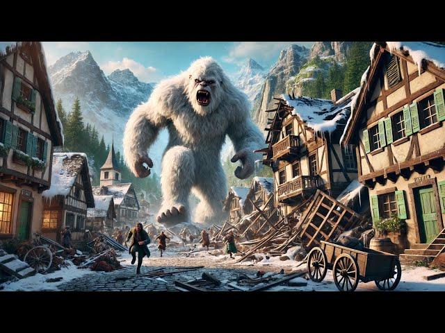 The Yeti comes out of the cave  and chases the villagers