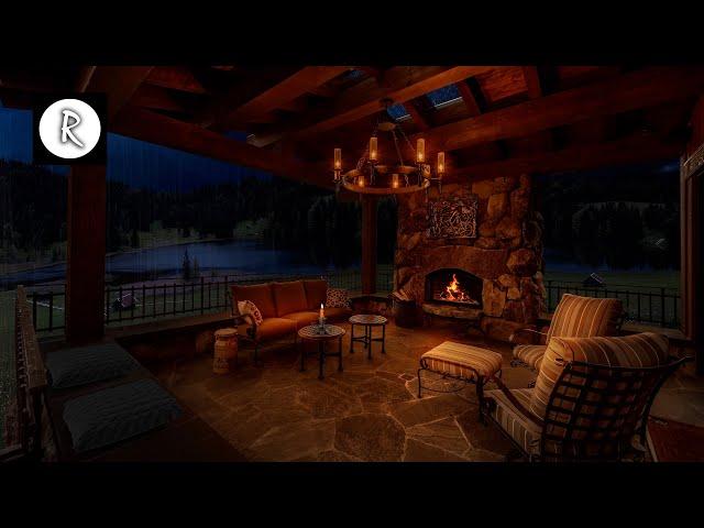  Cozy Porch Ambience 8K | Crackling Fireplace, Rain & Thunder Sounds - Outside