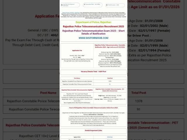 Rajasthan Police Telecommunication Recruitment 2025 |  Govformhub #shortsfeed #rajasthan #police