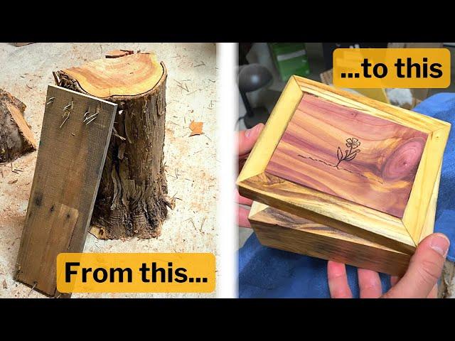 Making a Box with Cedar Inlay and a Hidden Hinge Using Scrap Wood and a Log