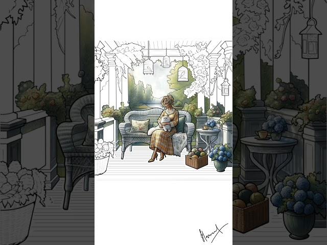 Cozy Porch Morning | Cat, Tea & Garden-Inspired Digital Coloring#bridgertonnetflix