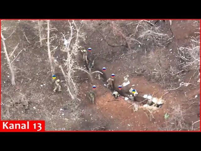 Two Ukrainian soldiers capture 5 Russians hiding in a trench - Drone footage