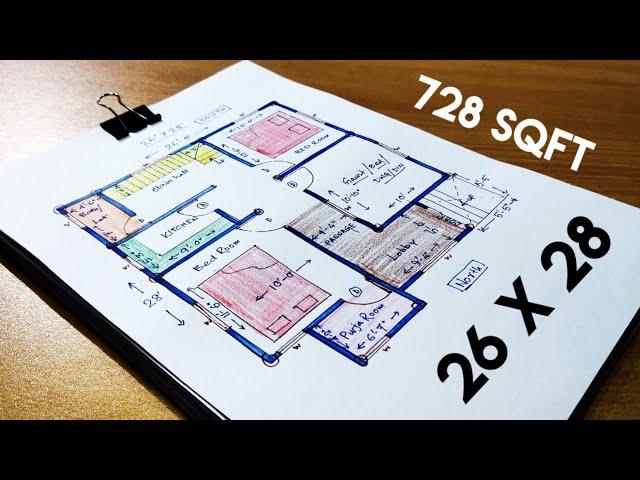 728 sqft house plan II 26 X 28 HOUSE PLAN II 26 X 28 GHAR KA NAKSHA