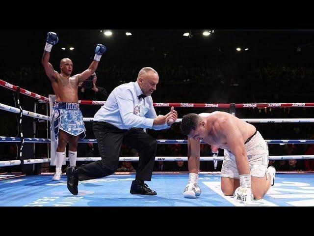 FABIO WARDLEY flattens JUSTIS HUNI with one punch, having lost almost all the previous nine rounds.