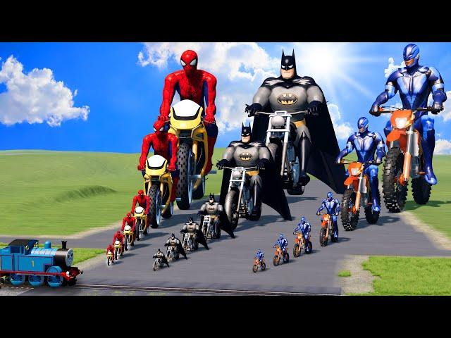 Big & Small Spiderman on a motorcycle vs Batman on a motorcycle vs Volt on a motorcycle vs Trains