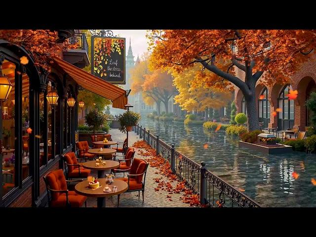 Canalside Coffee Shop w/ Exquisite Jazz Music - Soft Jazz at Peaceful Autumn Escape & Falling Leaves