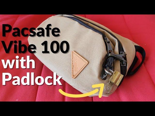 Pacsafe Vibe 100 anti-theft Hip Pack Coyote Colour - zipper locking system demonstration