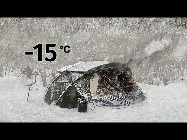 Non-stop snow solo camping l Cozy hot tent overnight l Winter mountain hiking