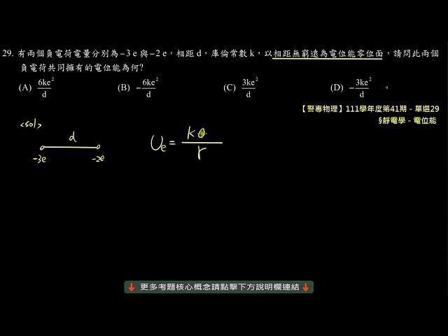 【111年警專物理】第29題：兩點荷間存儲的電位能（第41期）