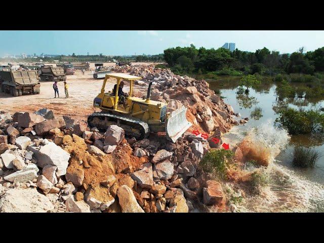 Part 48| Unstoppable!!! Powerful Dozer Push Rock Move To Water Leveling The Ground| Dozer Vs Rock