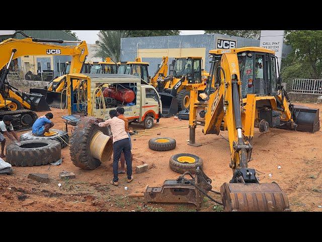 JCB 3DX All New Tyre Change by Mobile Vulcanizer and Door Ram change | Jcb Repair