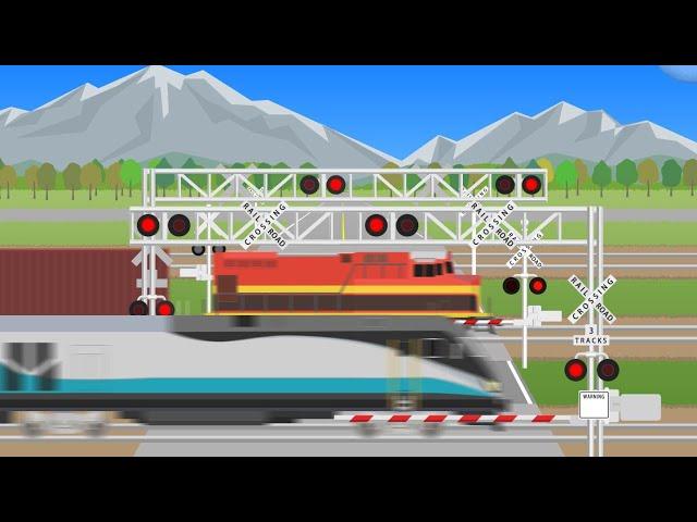 【踏切アニメ】アメリカのふみきりカンカンUS Railroad crossings & various trains