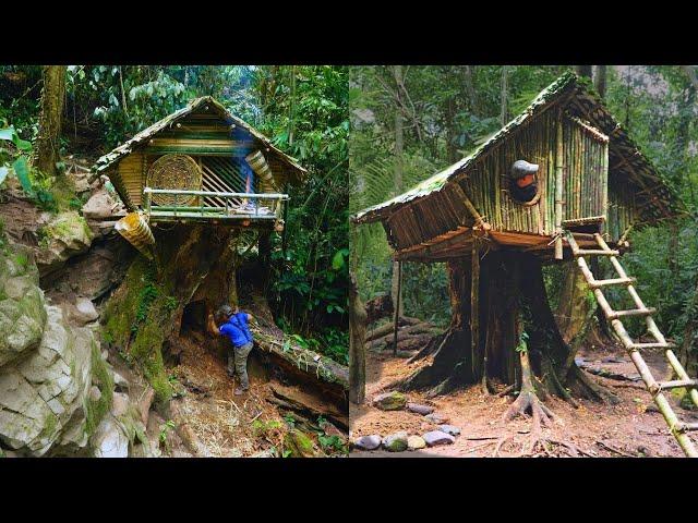 Start to Finish: 30 days to build 2 Bushcaft houses on trees. Survive in the tropical forest.