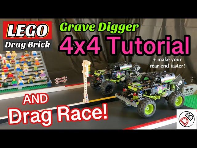 LEGO Grave Digger 4x4 Conversion Tutorial & Drag Race vs 4x2 Monster Jam Truck  - How to Build