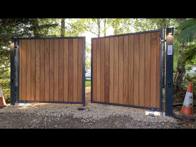 Iroko Wooden gates, steel frame, Automated Gates, Electric Gates, Bespoke.