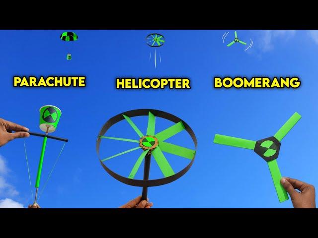 3 Amazing Ben-10 toys , how to make parachute launcher , best paper flying helicopter , boomerang