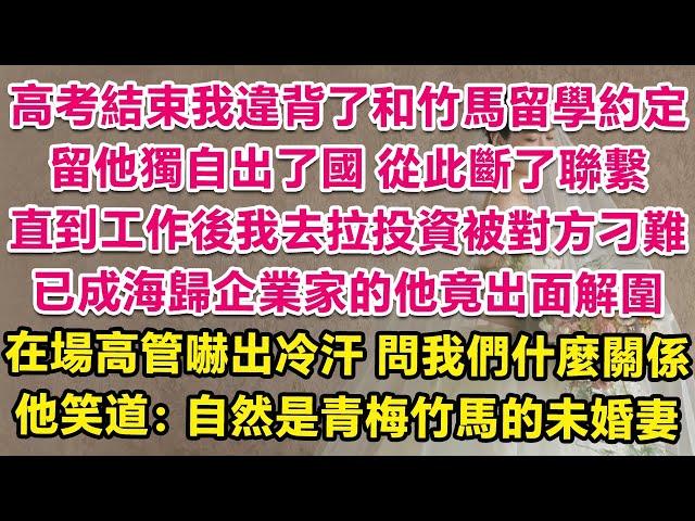 高考結束我違背了和竹馬留學約定，留他獨自出國從此斷了聯繫。直到工作後我去拉投資被對方刁難，已成海歸企業家的他竟出面替我解圍，在場高管嚇出冷汗，問我們什麼關係？他笑道：自然是青梅竹馬的未婚妻。 | 甜寵