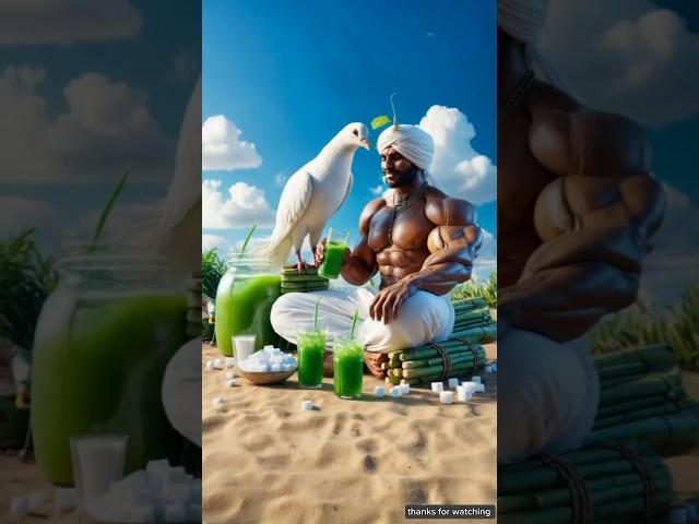 The farmer drinks all the juice of sugarcane and then plants a papaya tree  #ai #pigeon #farmer