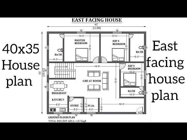 40x35 east facing house plan | 40x35 simple house design | 40*35 house plan 3bhk | 40*35 house plan