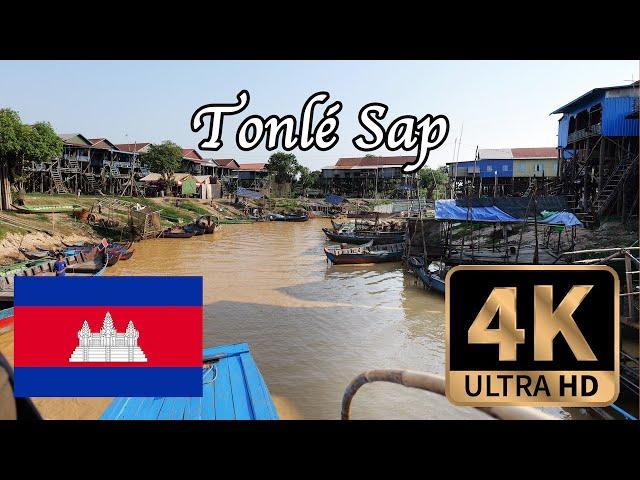 【4K Walk in Cambodia】Tonle Sap Lake tour in dry season, visit water village