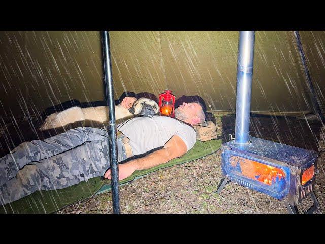 Hot Tent Rain Camping in Storm! - Solo Camping in Heavy Rain and Rainstorm