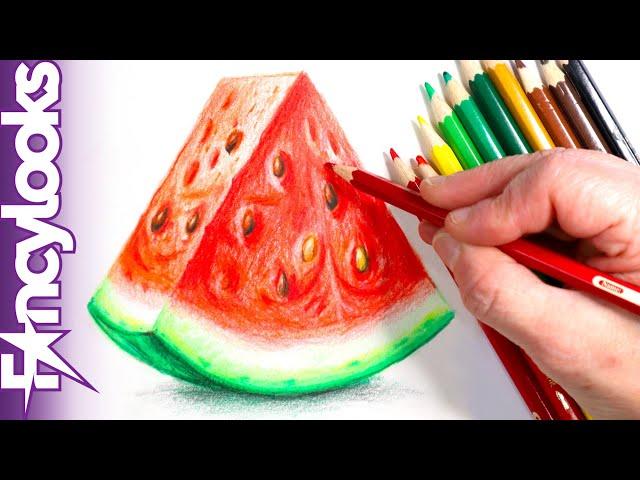 Cómo dibujar fácil: Sandía realista  a lápices de colores