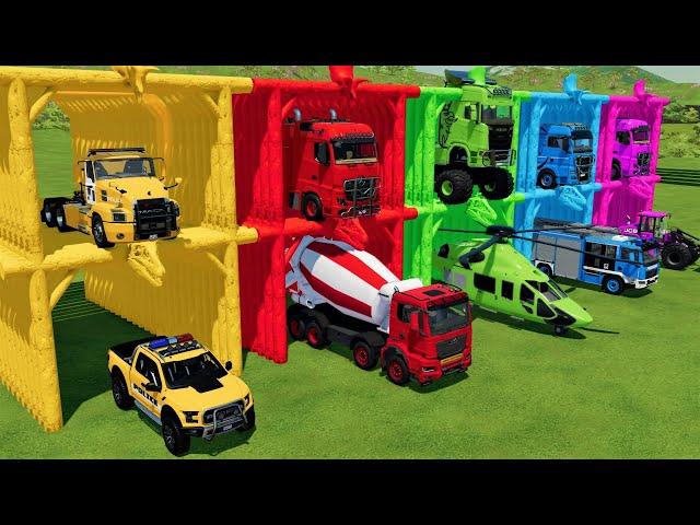 TRANSPORTING POLICE CARS, MIXER, HELICOPTER and FIRE ENGINE with BIG TRUCKS! Farming Simulator 22